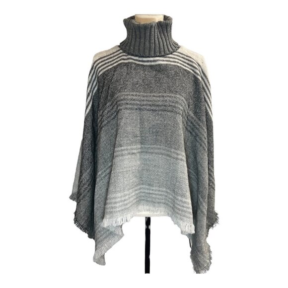 Tahari Poncho Womens OS Gray Striped Ombre Sweater Knit Turtleneck Fringe Office - Picture 1 of 7